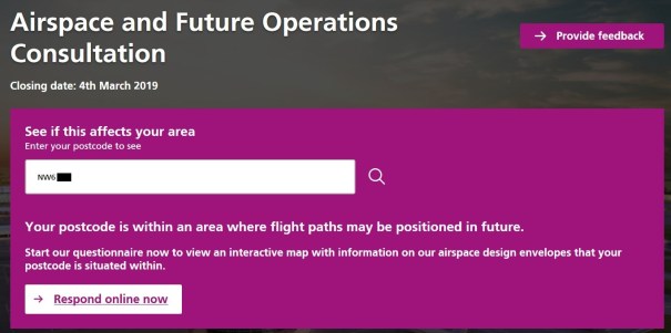 Your postcode is within an area where flight paths may be positioned in future.